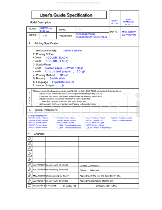 LG CL40-UA S9-48432 S9-43737 S9-39800 55LH40 55LH55 47CL40 (28 pages) TV Operating Manual