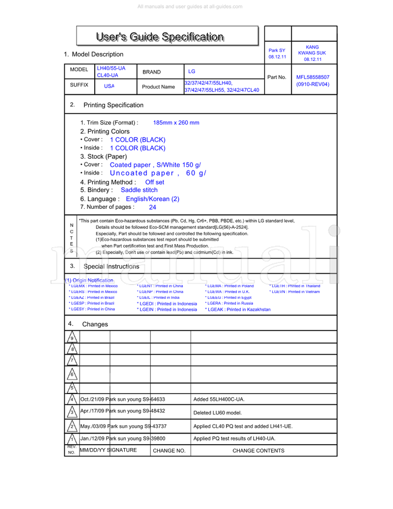 LG CL40-UA S9-48432 S9-43737 S9-39800 55LH40 55LH55 47CL40 (28 pages) TV Operating Manual