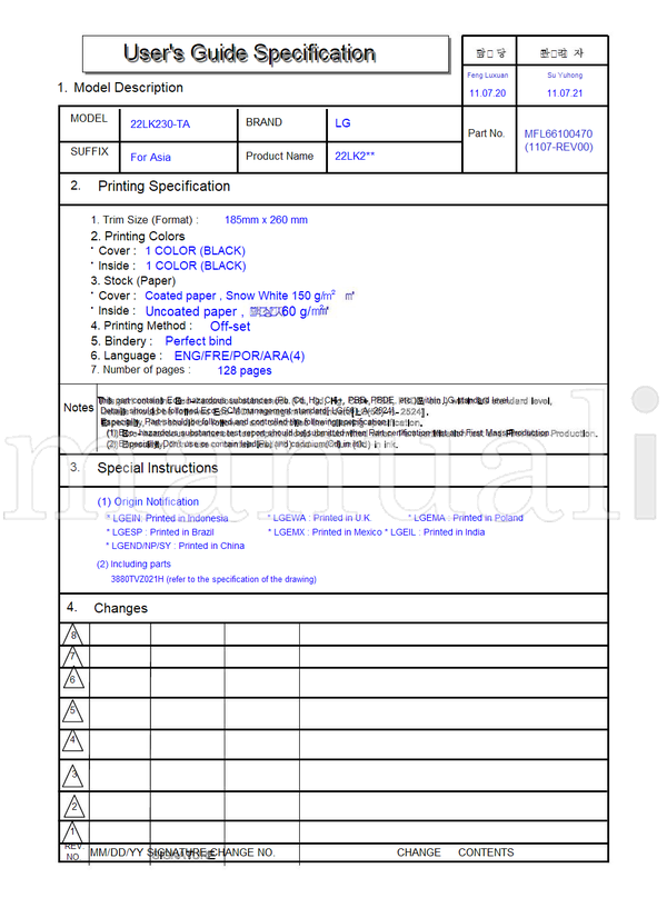 LG 22LK230-TA 3880TVZ021H 185mm 22LK2** MFL66100470 (134 pages) TV Operating Manual