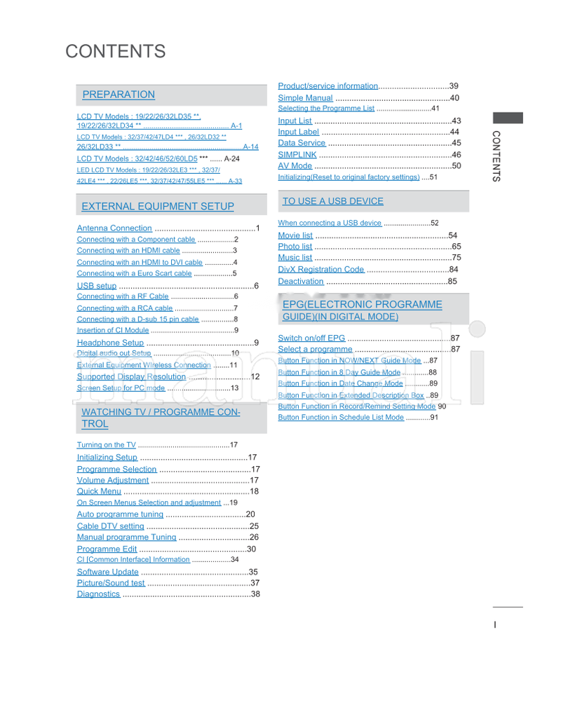 LG LSW100BG 32LD3 32LD4 32LD5 32LE3 32LE4 26LE5 32LE5 LSW400B (220 pages) TV Operating Manual