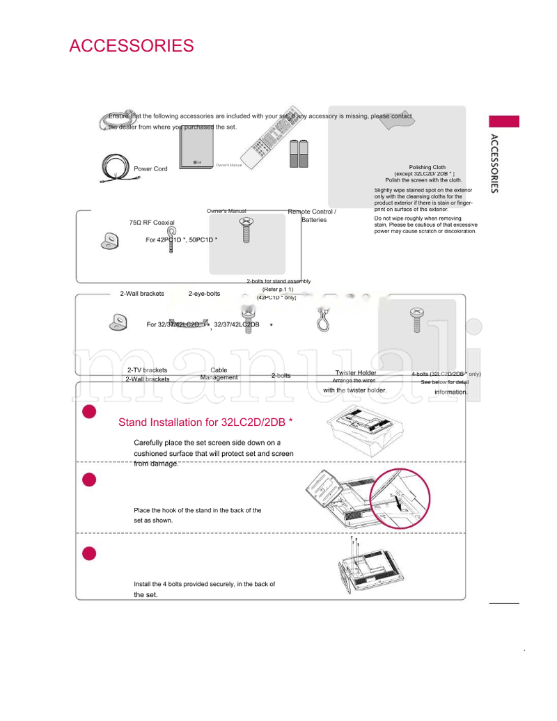 LG 42PC1D 50PC1D 2-Wall 2-eye-bolts 42LC2D 2-brackets 32LC2D (93 pages) TV Operating Manual