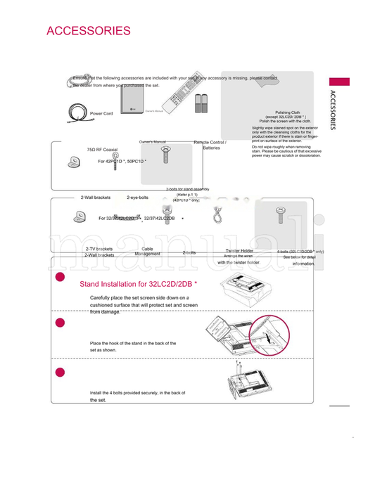 LG 42PC1D 50PC1D 2-Wall 2-eye-bolts 42LC2D 2-brackets 32LC2D (93 pages) TV Operating Manual