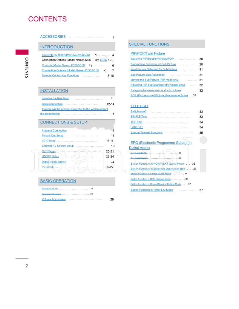 LG 42PC1D 50PC1D 2-Wall 2-eye-bolts 42LC2D 2-brackets 32LC2D (93 pages) TV Operating Manual