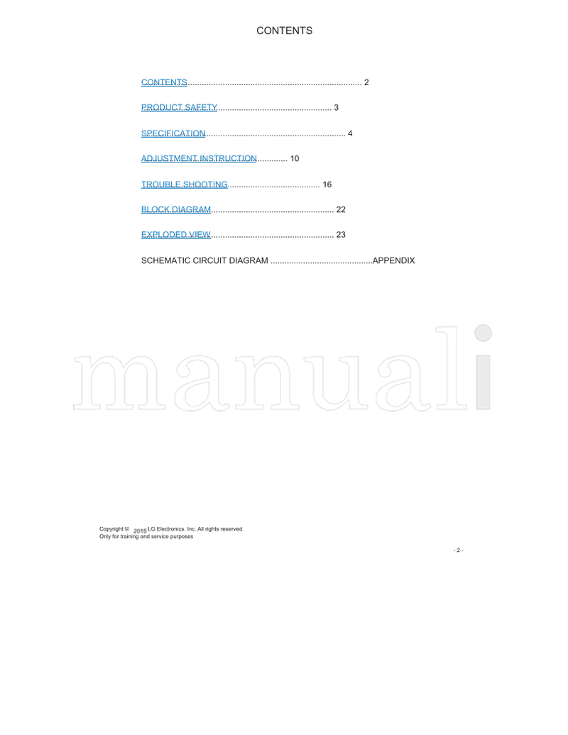 LG Table Of Contents; Contents 49LF5400 (29 pages) TV Service Manual