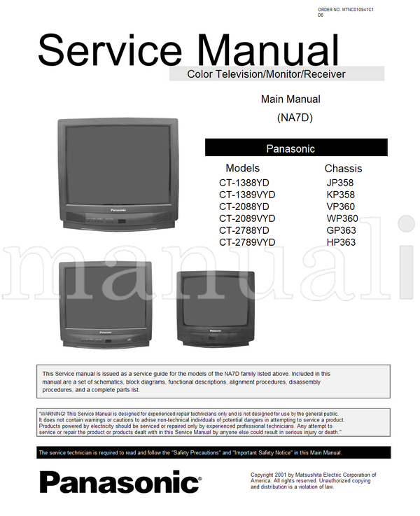 Panasonic CT-1388YD CT-1389VYD CT-2088YD CT-2089VYD CT-2788YD (70 pages) TV Service Manual