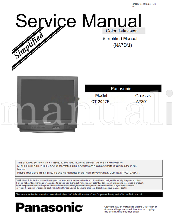 Panasonic MTNC010303C1 CT-2017F MTNC020410A1 AP391 (36 pages) TV Service Manual