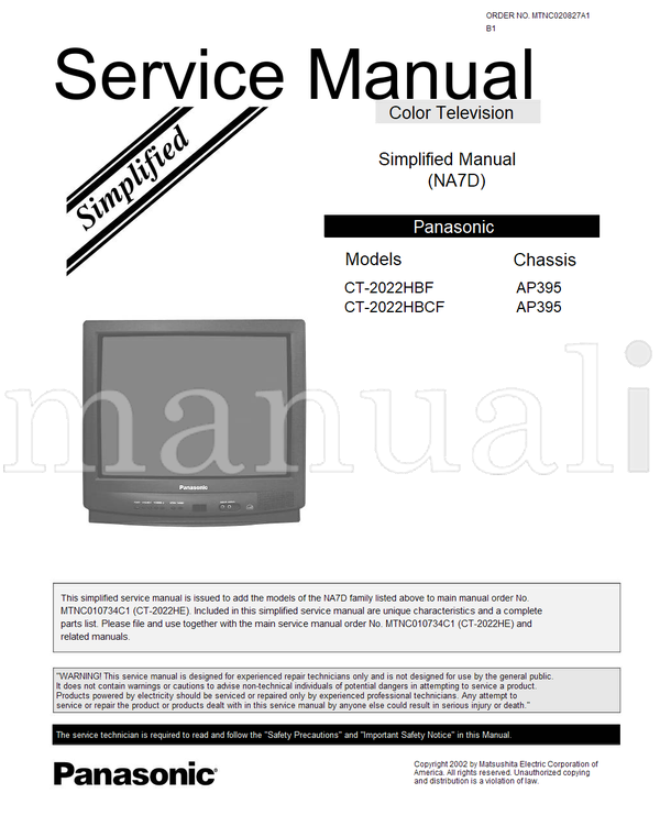 Panasonic MTNC010734C1 CT-2022HBF CT-2022HBCF MTNC020827A1 AP395 (28 pages) TV Service Manual