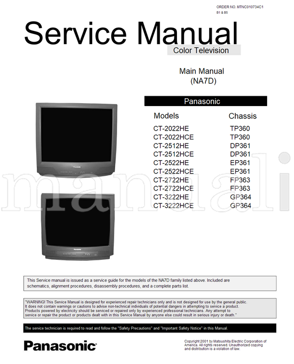 Panasonic CT-2022HE CT-2022HCE CT-2512HE CT-2512HCE CT-2522HE (66 pages) TV Service Manual