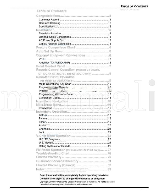 Panasonic CT-20D12D CT-20G7D CT-27G7D CT-27G7DU CT-27G7SD CT-27G7SDU (36 pages) TV Operating Manual