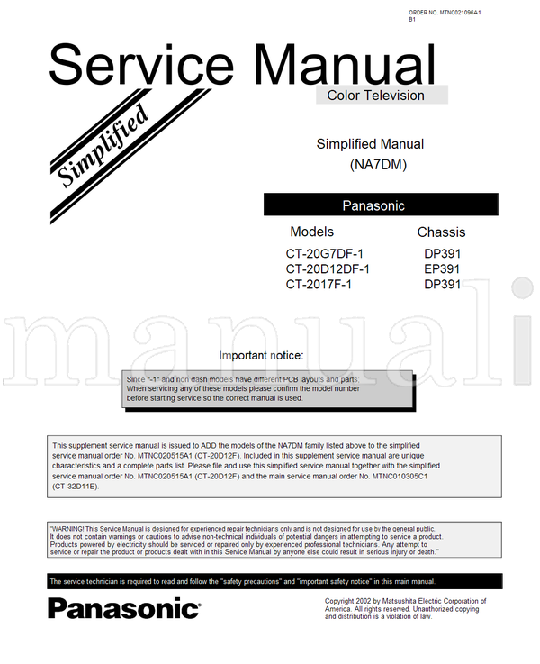 Panasonic NA7DM MTNC020515A1 MTNC010305C1 CT-20G7DF-1 CT-20D12DF-1 (30 pages) TV Service Manual