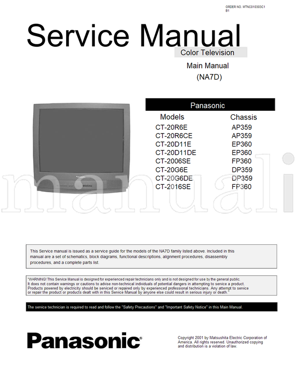 Panasonic CT-20R6E CT-20R6CE CT-20D11E CT-20D11DE CT-2006SE CT-20G6E (56 pages) TV Service Manual