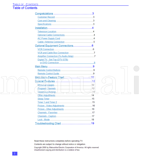 Panasonic CT-20SX10 CT-24SX10 1-800-211-PANA CT-27SX10 CT-F2110X (42 pages) TV Operating Manual