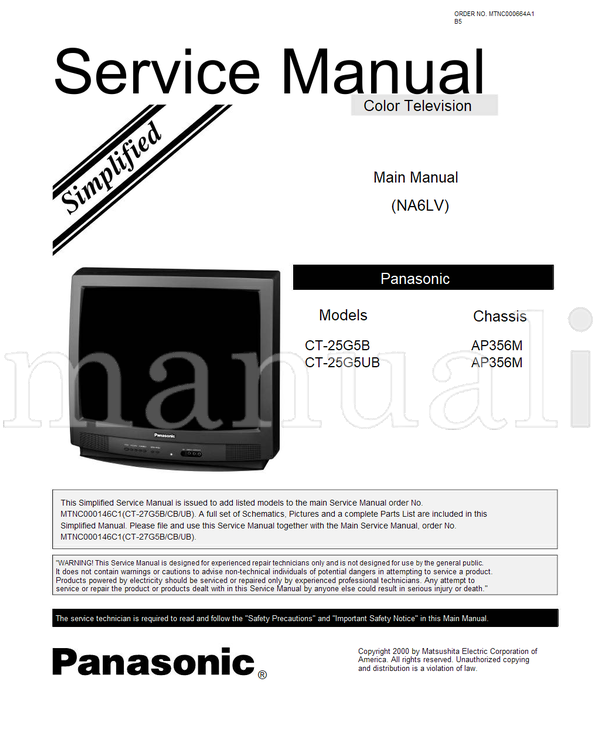Panasonic CT-25G5B CT-25G5UB MTNC000664A1 AP356M (18 pages) TV Service Manual
