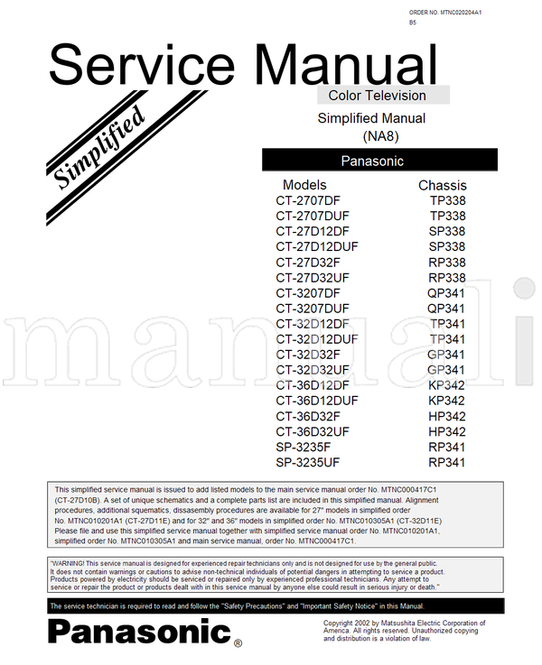 Panasonic MTNC000417C1 MTNC010201A1 MTNC010305A1 CT-2707DF CT-2707DUF (54 pages) TV Service Manual