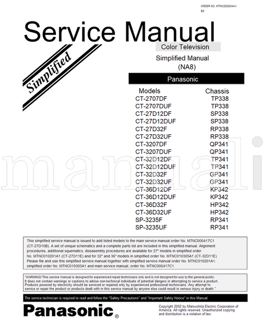 Panasonic MTNC000417C1 MTNC010201A1 MTNC010305A1 CT-2707DF CT-2707DUF (54 pages) TV Service Manual