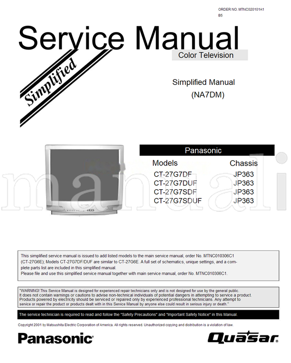 Panasonic MTNC010306C1 CT-27G7DF CT-27G7DUF CT-27G7SDF CT-27G7SDUF (28 pages) TV Service Manual