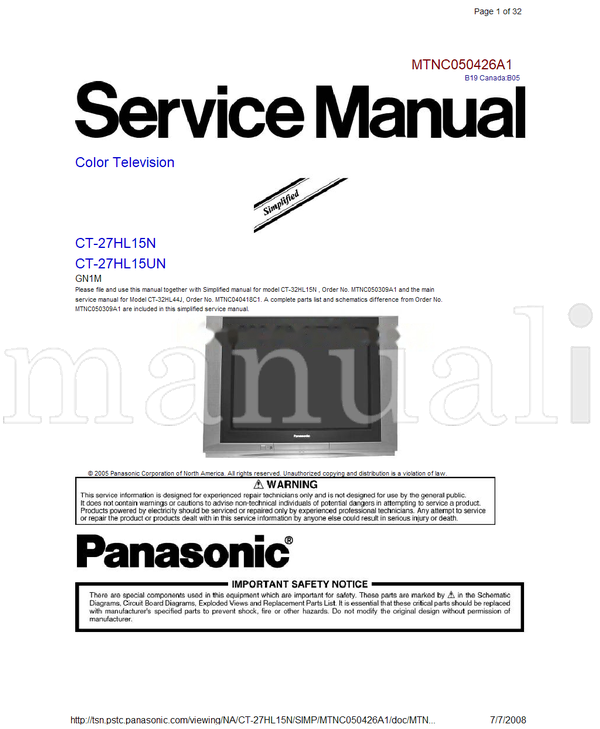 Panasonic MTNC050426A1 CanadaB05 CT-27HL15N CT-27HL15UN CT-32HL15N (32 pages) TV Service Manual