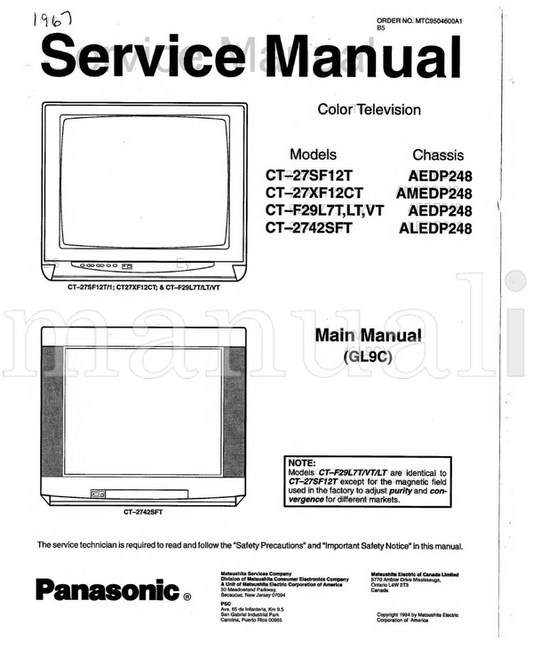 Panasonic MTC9504600A1 AEDP248 AMEDP248 CT-F29L7T ALEDP248 CT-27SF12T (48 pages) TV Service Manual