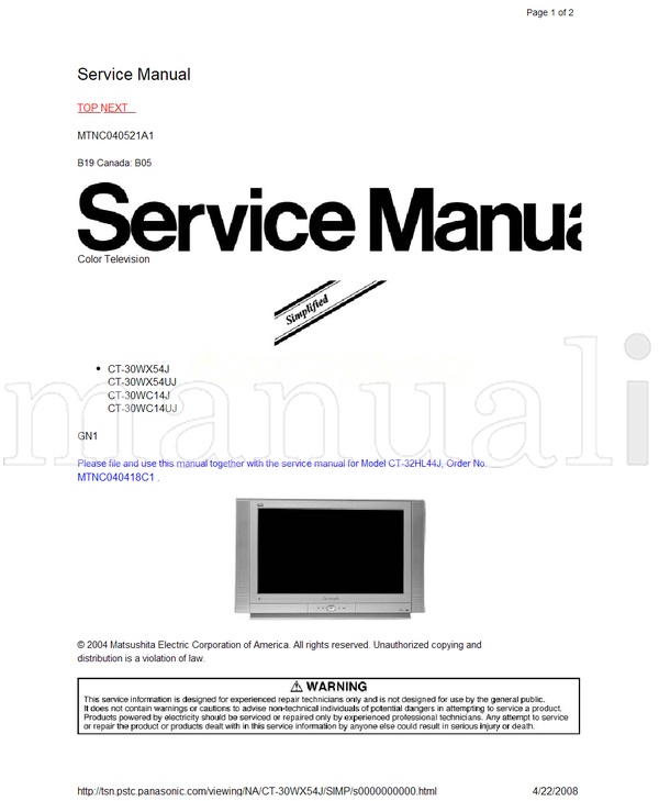 Panasonic MTNC040521A1 CT-30WX54J CT-30WX54UJ CT-30WC14J CT-30WC14UJ (32 pages) TV Service Manual