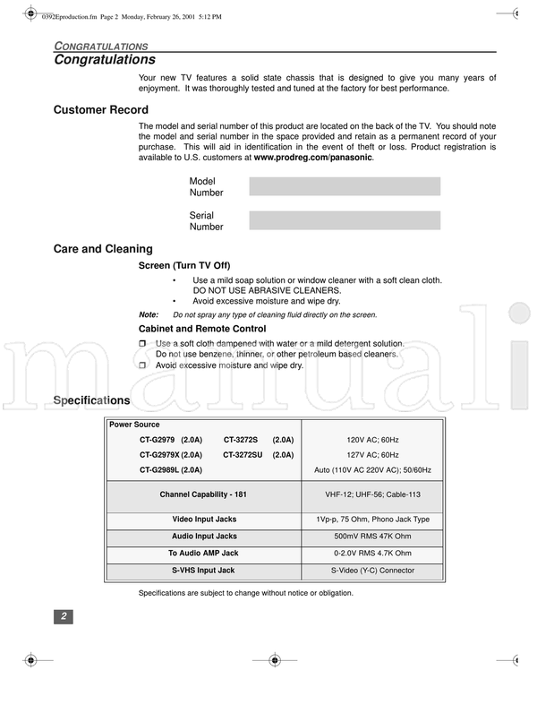 Panasonic CT-3272S CT-3272SU CT-G2979 CT-G2979X CT-G2989L TQB2AA0392 (38 pages) TV Operating Manual
