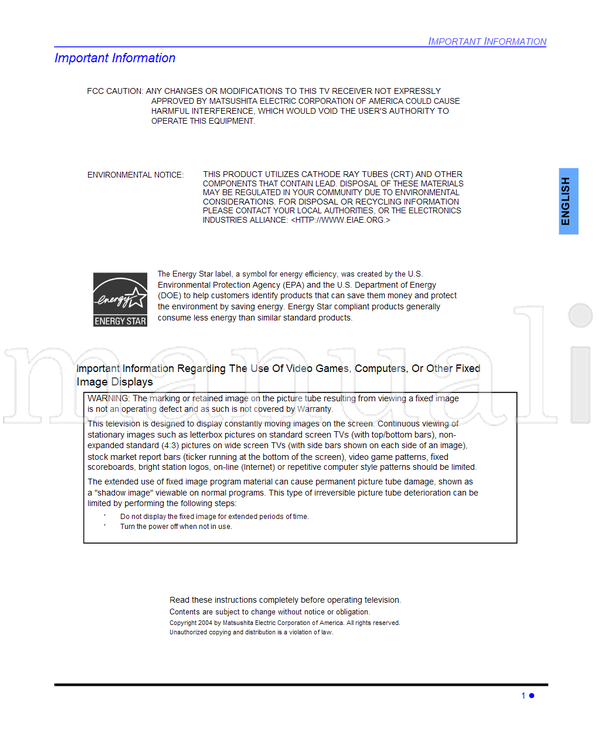 Panasonic CT-32E14 CT-G2134 CT-G2174 CT-G2174L CT-G2974 CT-G2974L (80 pages) TV Operating Manual
