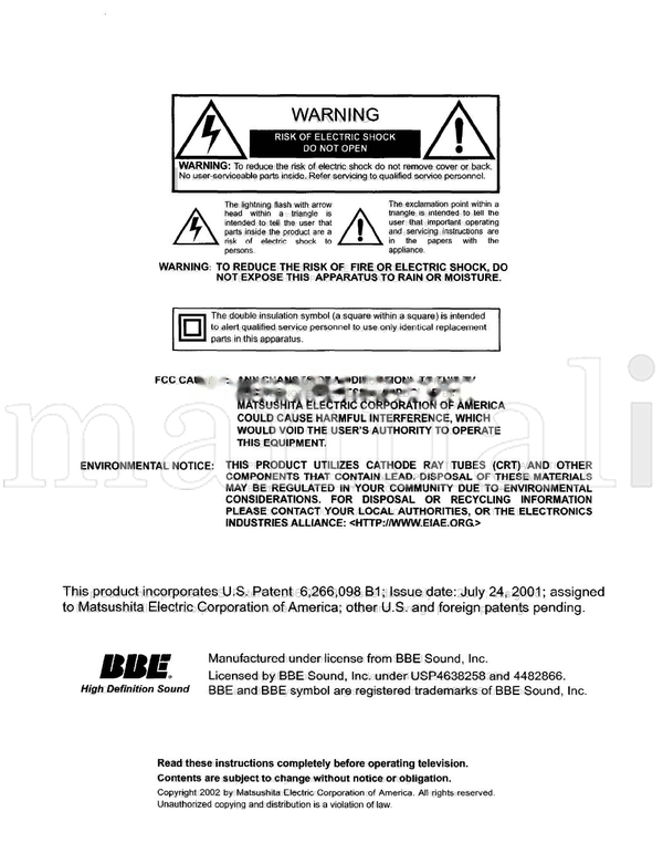 Panasonic CT-32HL42 CTm32HX42 CT-36HL42 CT-36HX42 I-800-21 (61 pages) TV Operating Manual