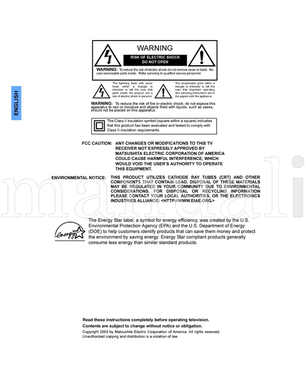 Panasonic 7HOHYLVLRQ 2SHUDWLQJ 7HOHYLVRU 2SHUDFLyQ 0DQXHO (72 pages) TV Operating Manual
