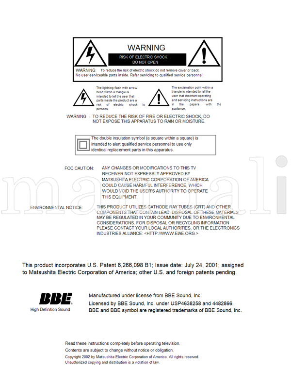 Panasonic CT-32HL42 CT-32HX42 CT-36HL42 CT-36HX42 TQB2AA0422 20513 (112 pages) TV Operating Manual