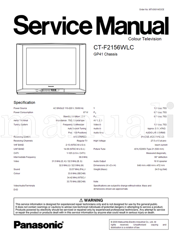 Panasonic 110-220 CT-F2156WLC MTV0601453CE A51LYZ295X (31 pages) TV Service Manual