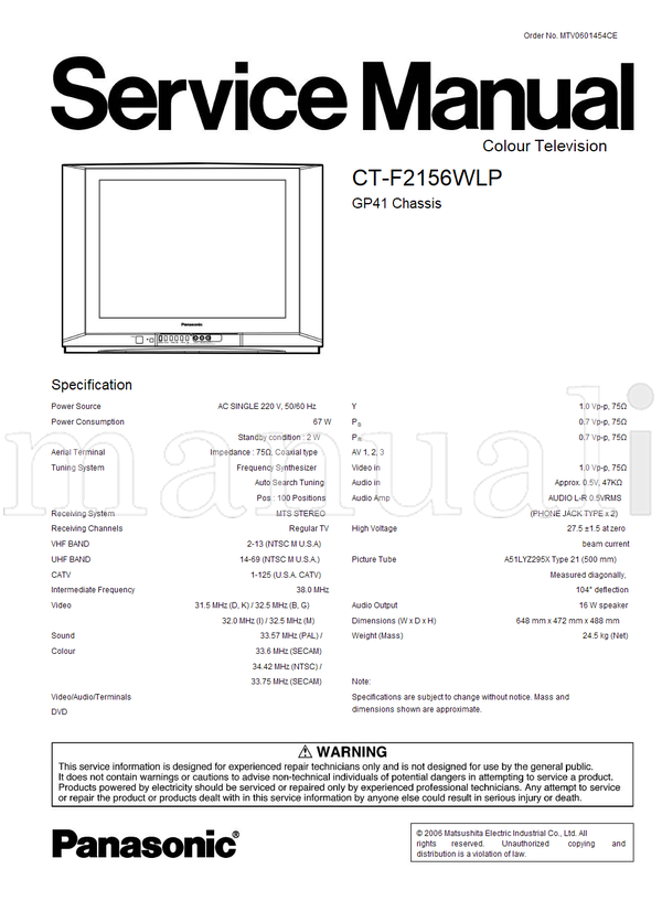 Panasonic CT-F2156WLP MTV0601454CE A51LYZ295X (31 pages) TV Service Manual