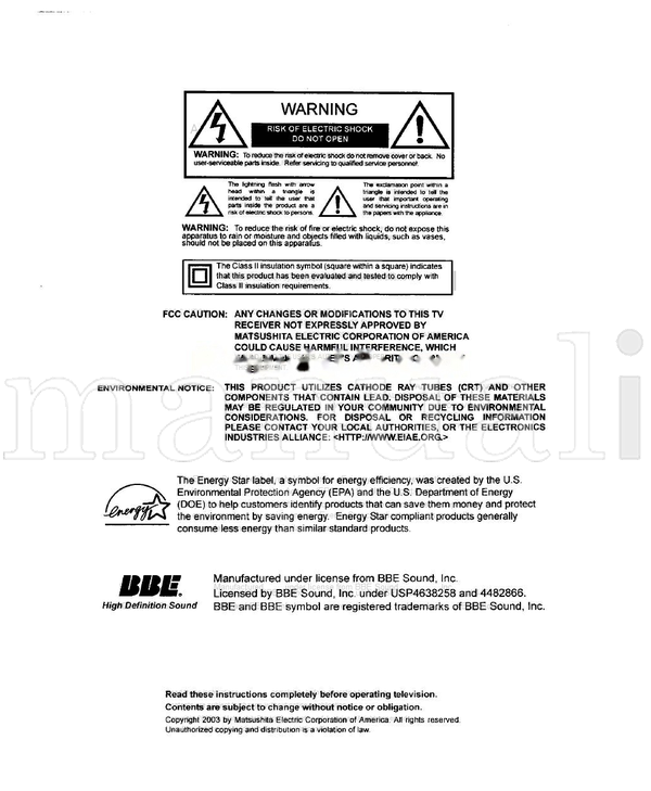 Panasonic CT-27SL33 CT-F2943 CT-F2943L CT-F2943X 80 pages TV Operating Manual