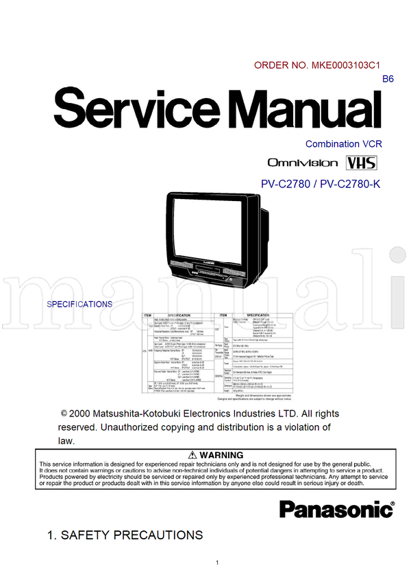 Panasonic MKE0003103C1 PV-C2780 PV-C2780-K (185 pages) TV Service Manual
