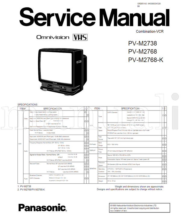 Panasonic PV-M2738 PV-M2768 PV-M2768-K MKS9803M326 (151 pages) TV Service Manual