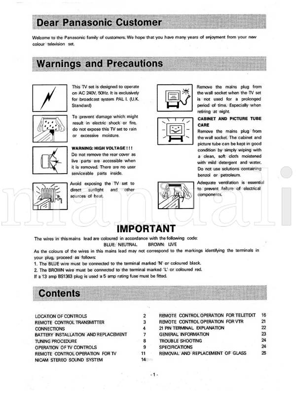Panasonic TX-28W1 TX-24W1 TOB8E0487 (27 pages) TV Operating Manual