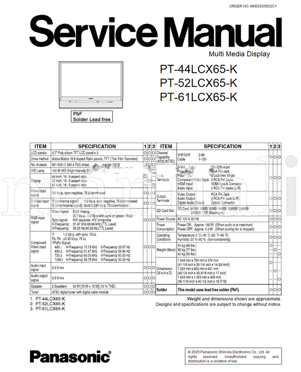 Panasonic PT-44LCX65-K PT-52LCX65-K PT-61LCX65-K MKE0505852C1 (236 pages) TV Service Manual