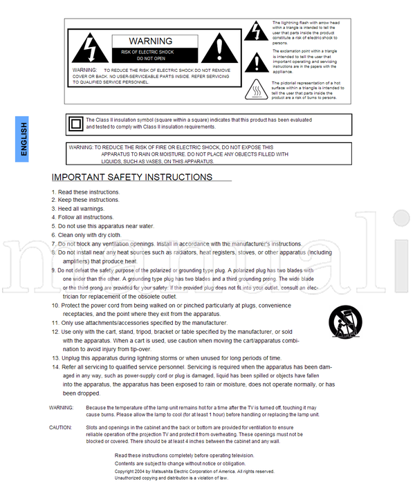 Panasonic PT-60DL54 PT-50DL54 PT-50DL54X TQB2AA0509 40514 (112 pages) TV Operating Manual