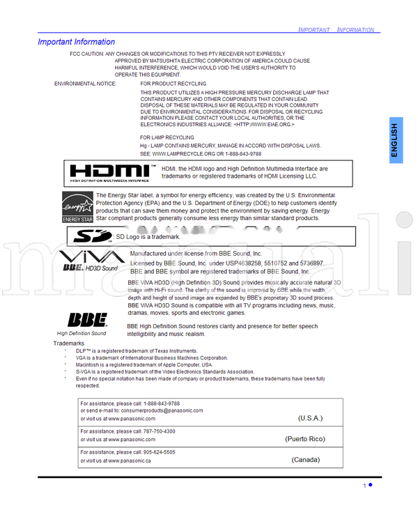 Panasonic PT-60DL54 PT-50DL54 PT-50DL54X TQB2AA0509 40514 (112 pages) TV Operating Manual