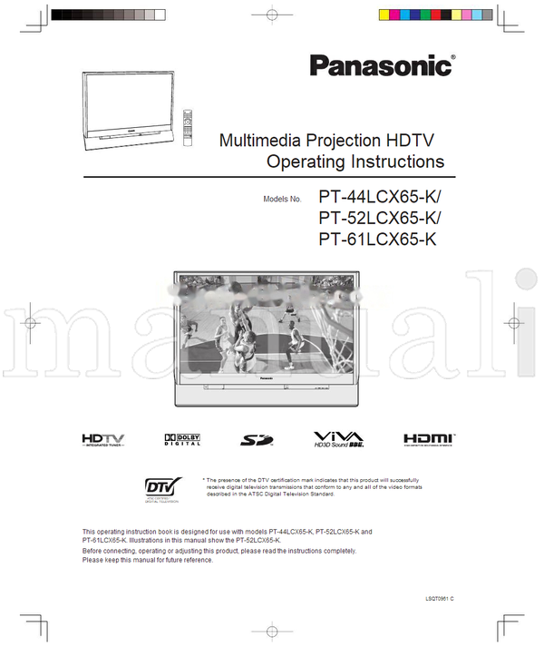 Panasonic PT-44LCX65-K PT-52LCX65-K PT-61LCX65-K LSQT0961 (160 pages) TV Operating Manual