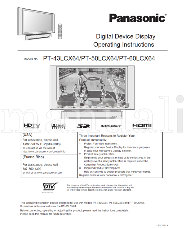 Panasonic PT-43LCX64 PT-50LCX64 PT-60LCX64 LSQT1031 (112 pages) TV Operating Manual