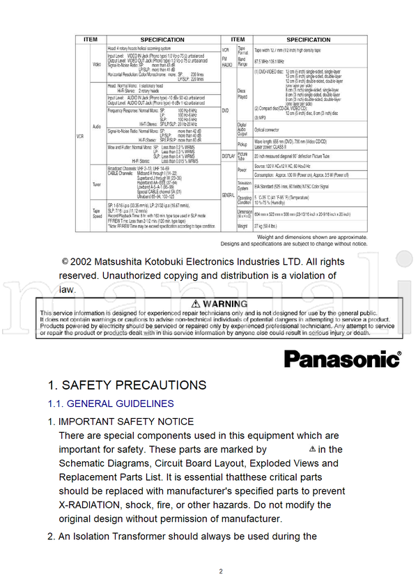 Panasonic MKE0207607C1 PV-DM2092 PV-DM2092-K (309 pages) TV Service Manual