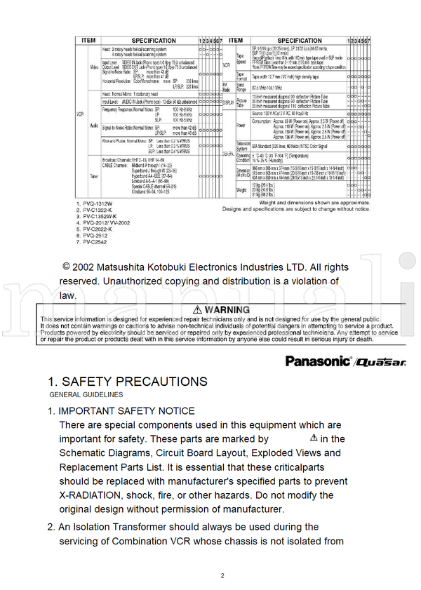 Panasonic MKE0202102C1 PVQ-1312W PVQ-2012 VV-2002 PVQ-2512 PV-C2542 (251 pages) TV Service Manual