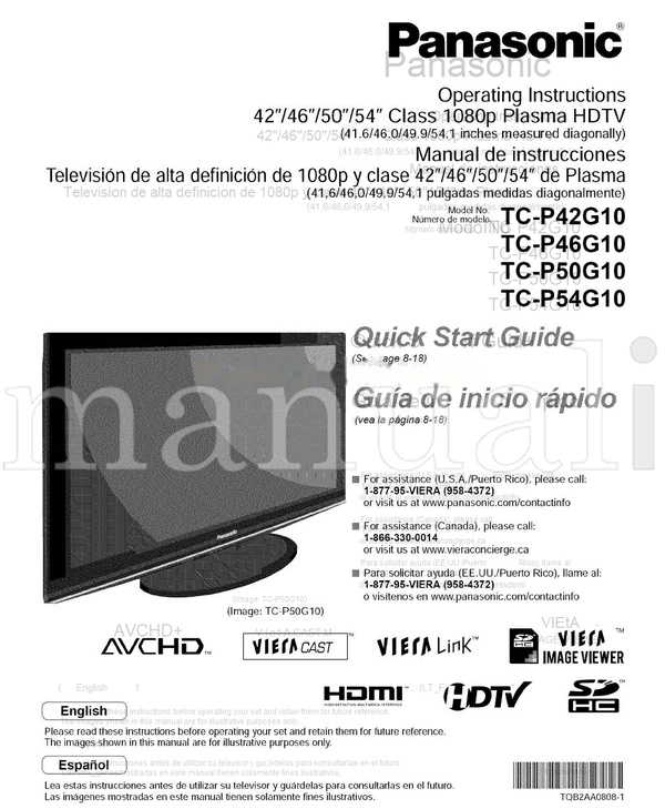 Panasonic P42G10 TC-P46G10 TC-P50G10 TC-P54G10 TQB2AA0808-1 (134 pages) TV Operating Manual
