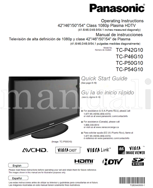 Panasonic TC-P42G10 TC-P46G10 TC-P50G10 TC-P54G10 TQB2AA0808-1 (146 pages) TV Operating Manual