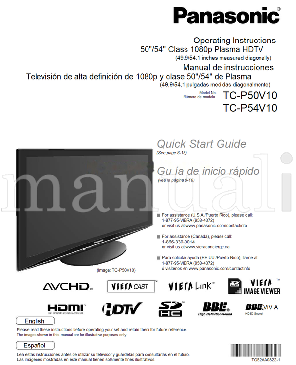 Panasonic TC-P50V10 TC-P54V10 TQB2AA0822-1 (68 pages) TV Operating Manual