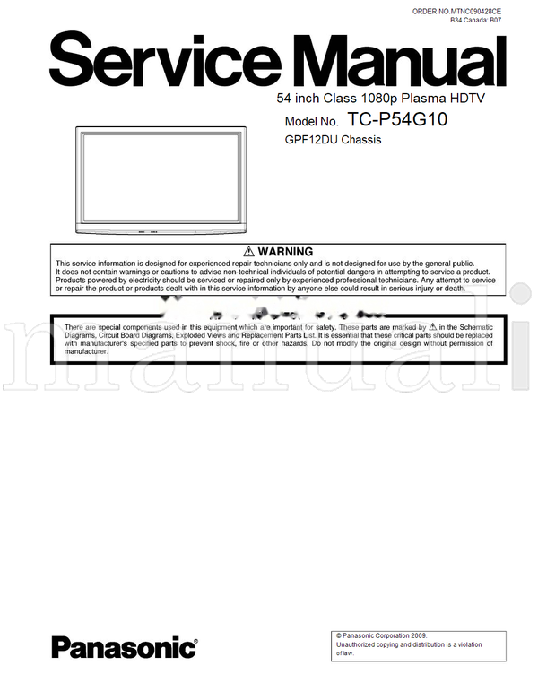 Panasonic TC-P54G10 GPF12DU MTNC090428CE (134 pages) TV Service Manual