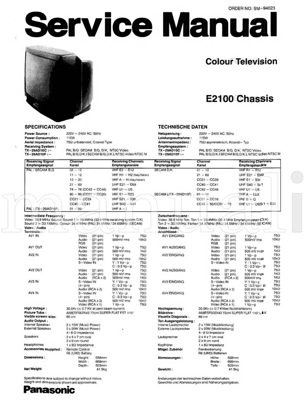 Panasonic SM-94023 E2100 TX-29AD10C TX-29AD10F 500mV 10ko2 Y1Vp-p (62 pages) TV Service Manual