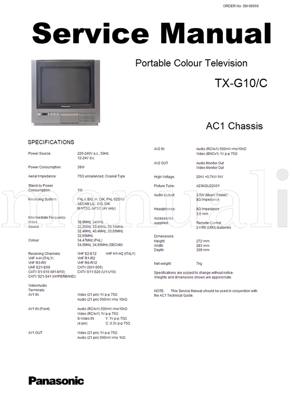 Panasonic TX-G10 (30 pages) TV Service Manual