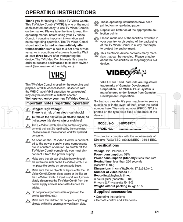 Philips 14PV385 (20 pages) TV Operating Manual