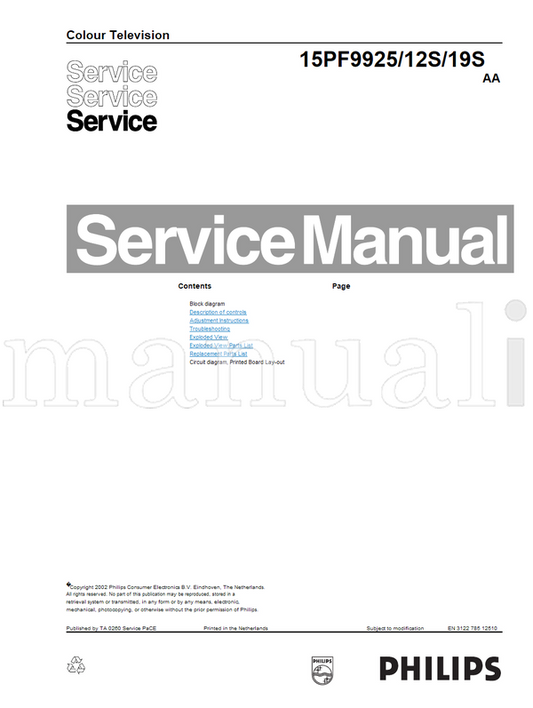 Philips 15PF9925 12510 (15 pages) TV Service Manual