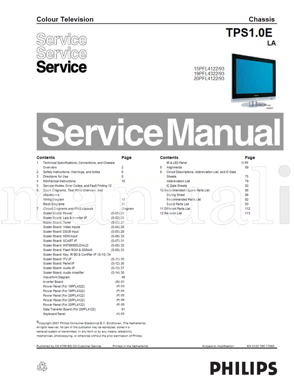 Philips MST96885LD 15PFL4122 19PFL4322 20PFL4122 050607 17080 (28 pages) TV Service Manual